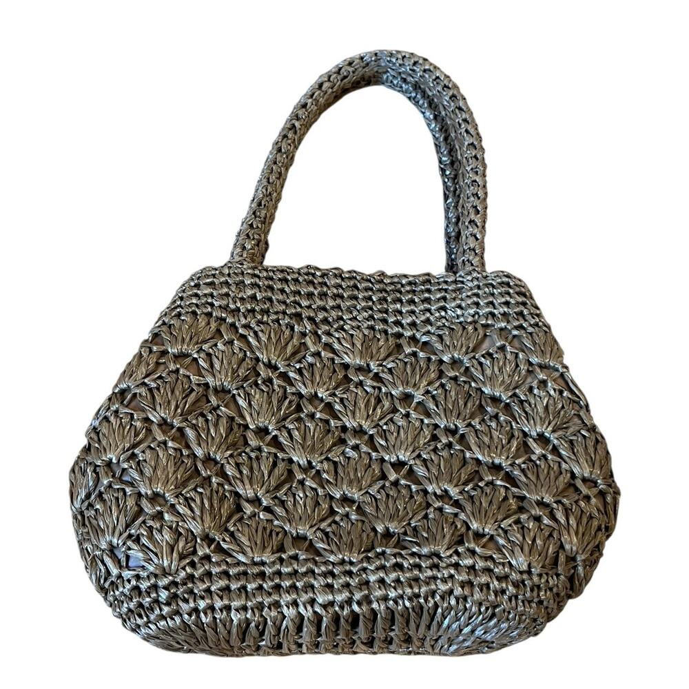 Vtg 60s Purse Expressly For Simon Woven Raffia Straw Top Handle Beige Japan